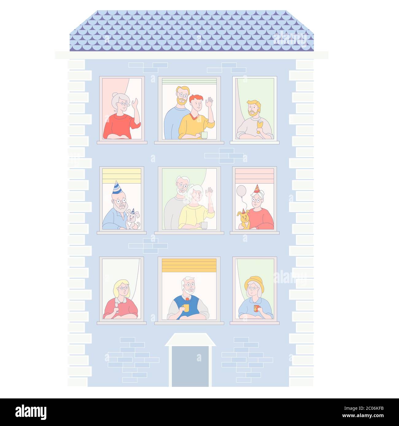 People in the window frames. Neighbors who live in apartments. Residential building with open windows and different people and holiday. Everyone is Stock Vector