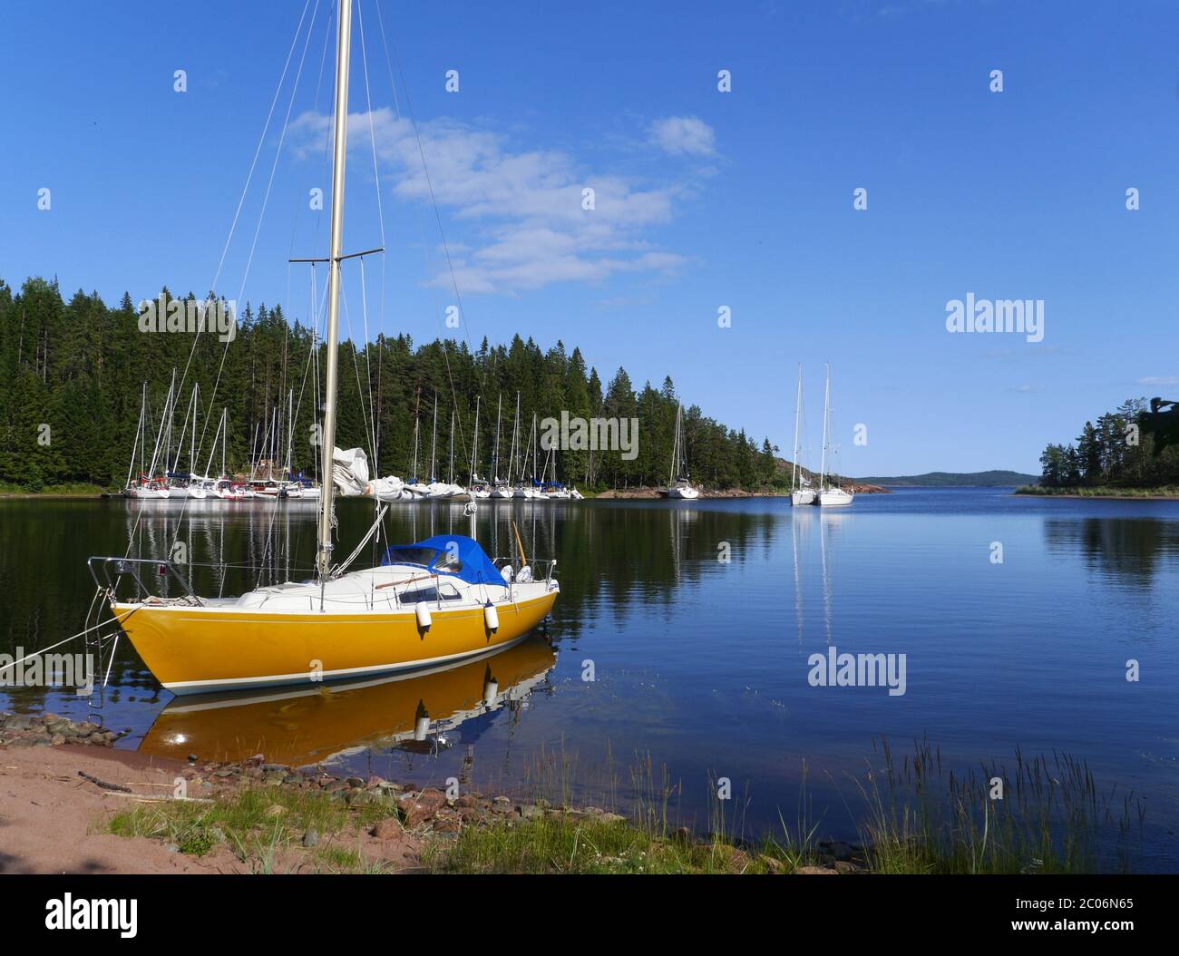sailing boats on moorings in sweden Stock Photo
