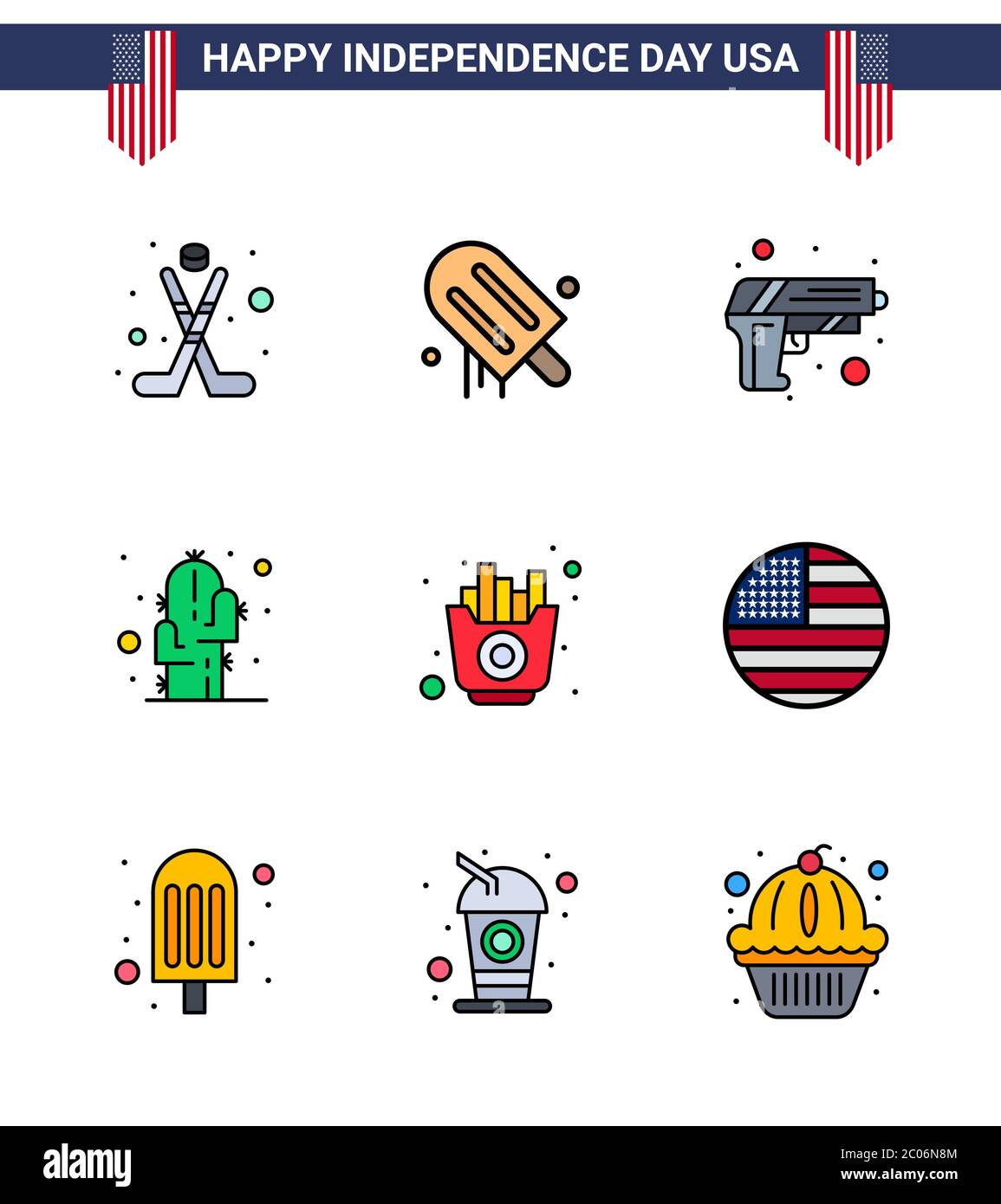 Editable Vector Line Pack of USA Day 9 Simple Flat Filled Lines of food; desert; gun; plant; cactus Editable USA Day Vector Design Elements Stock Vector
