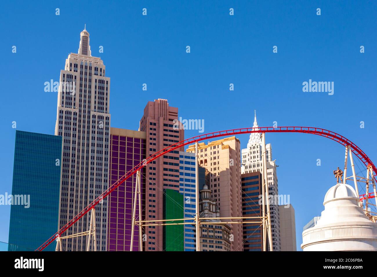 Las Vegas, NV / USA - February 27 2019: Located on the Las Vegas Strip, New York - New York Hotel and Casino features a rollercoaster and replicas of Stock Photo