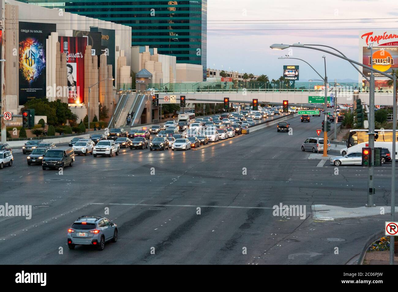 Las Vegas, Nevada  / USA - February 27, 2019: Afternoon traffic at the intersection of Tropicana Ave and S.Las Vegas Blvd on the Las Vegas Strip. Stock Photo