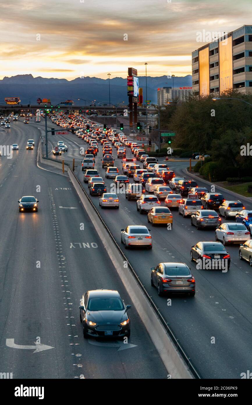 Las Vegas, Nevada  / USA - February 27, 2019: Afternoon traffic on westbound Tropicana Ave. west the Las Vegas Strip. Stock Photo