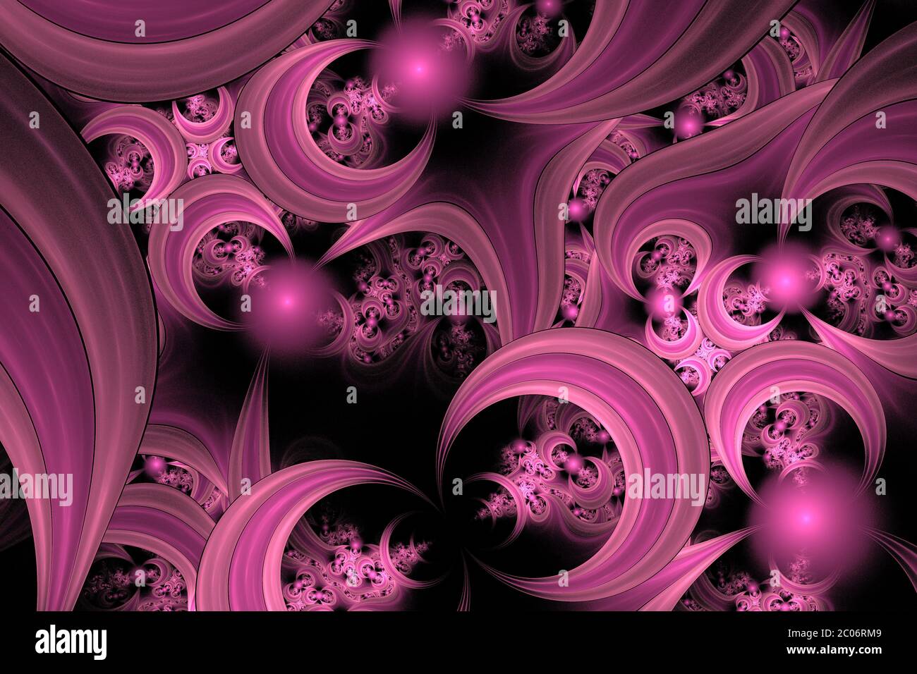 Pattern from pink shone spheres and curves. On black background. Computer generated graphics. Stock Photo