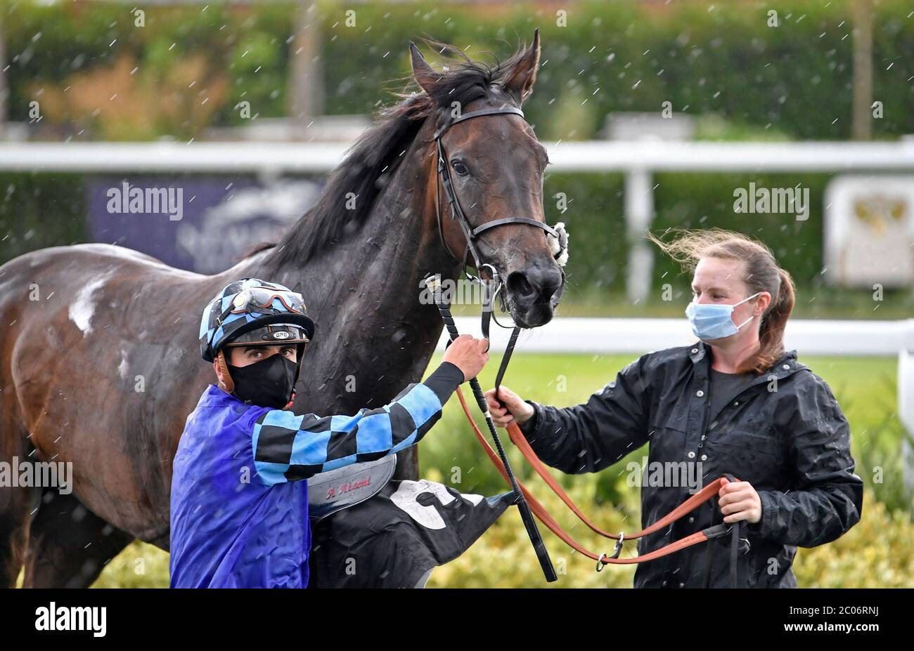 Gold Wand and Andrea Atzeni after winning the It’s Not Rocket Science with MansionBet Maiden Fillies’ Stakes at Newbury Racecourse. Stock Photo