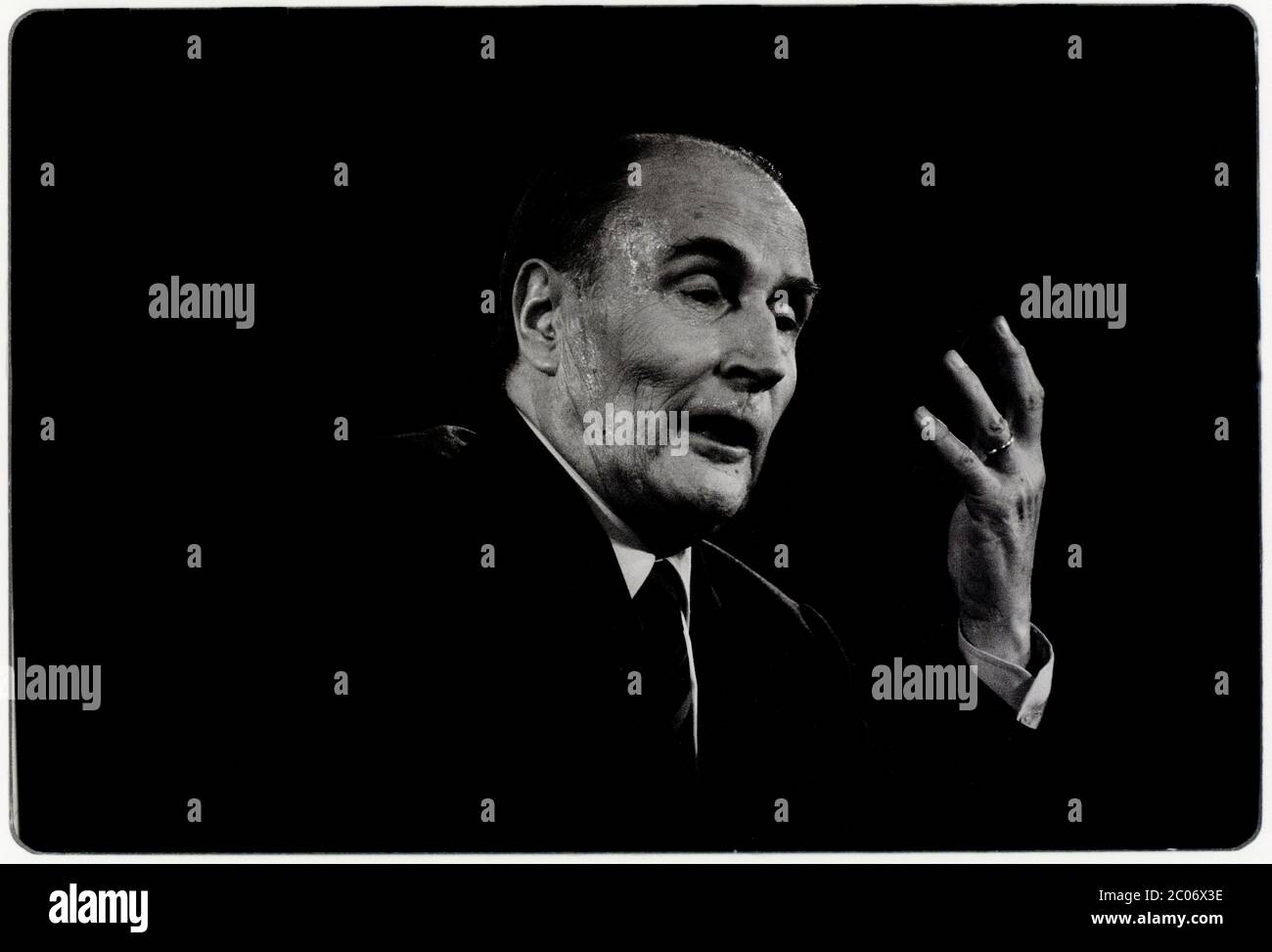 Francois Mitterrand speaking at a Presidential Election Rally in Toulouse, France, 1988 François Maurice Adrien Marie Mitterrand[a] (26 October 1916 – 8 January 1996) was a French statesman who served as President of France from 1981 to 1995, the longest time in office in the history of France. As First Secretary of the Socialist Party, he was the first left-wing politician to assume the presidency under the Fifth Republic. Stock Photo