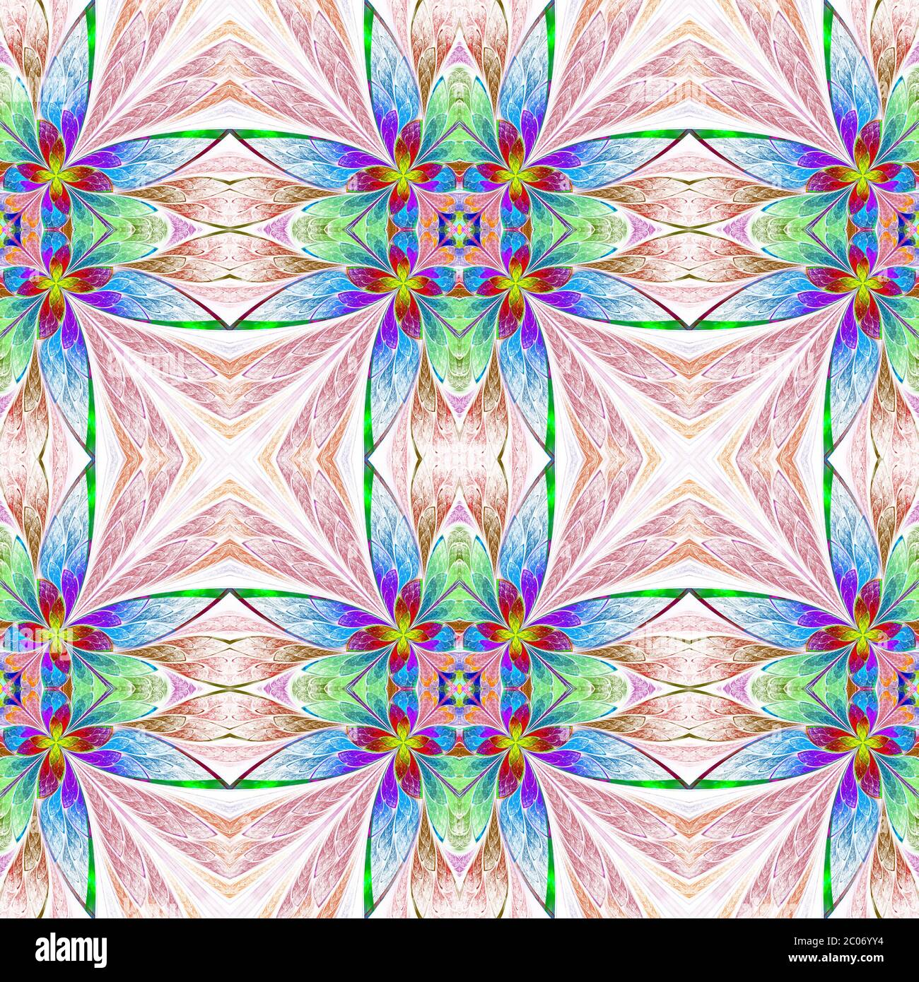 Symmetrical multicolored flower pattern in stained-glass window style on light.  Computer generated graphics. Stock Photo
