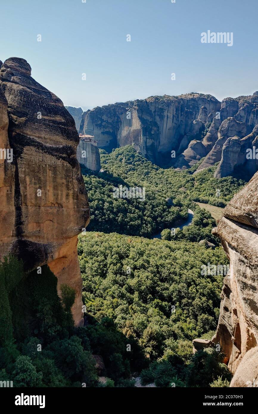 View of rock formations in Meteora with the monasteries in Kalambaka, Stock Photo