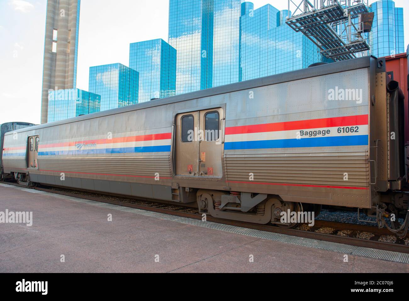 Amtrak Viewliner II Baggage Car # 61602 with phase III paint scheme in Dallas Union Station, Dallas, Texas TX, USA. Stock Photo