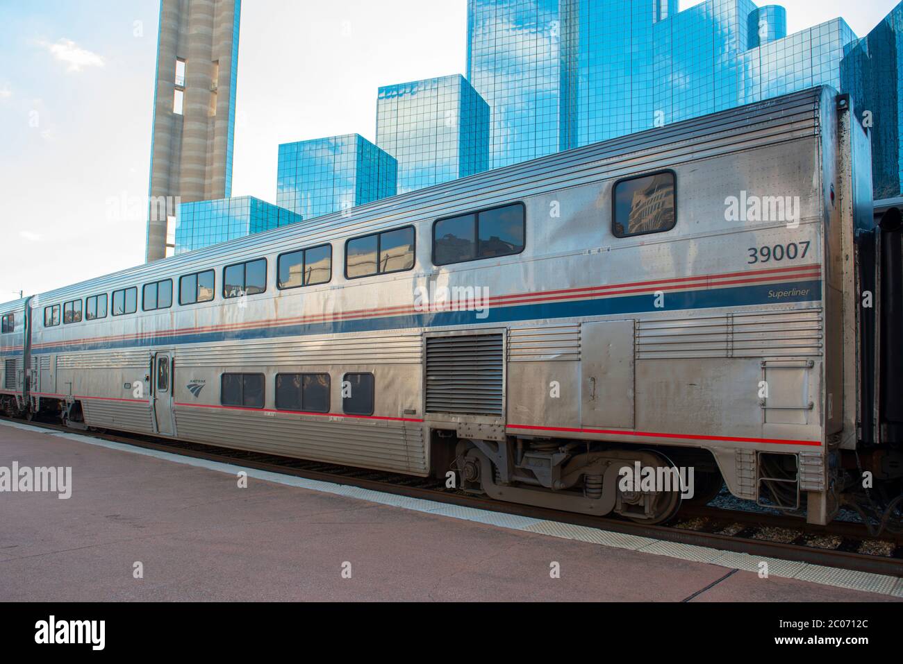 Amtrak Superliner II Sleeping Car # 39007 with phase VI paint scheme in Dallas Union Station, Dallas, Texas TX, USA. Stock Photo