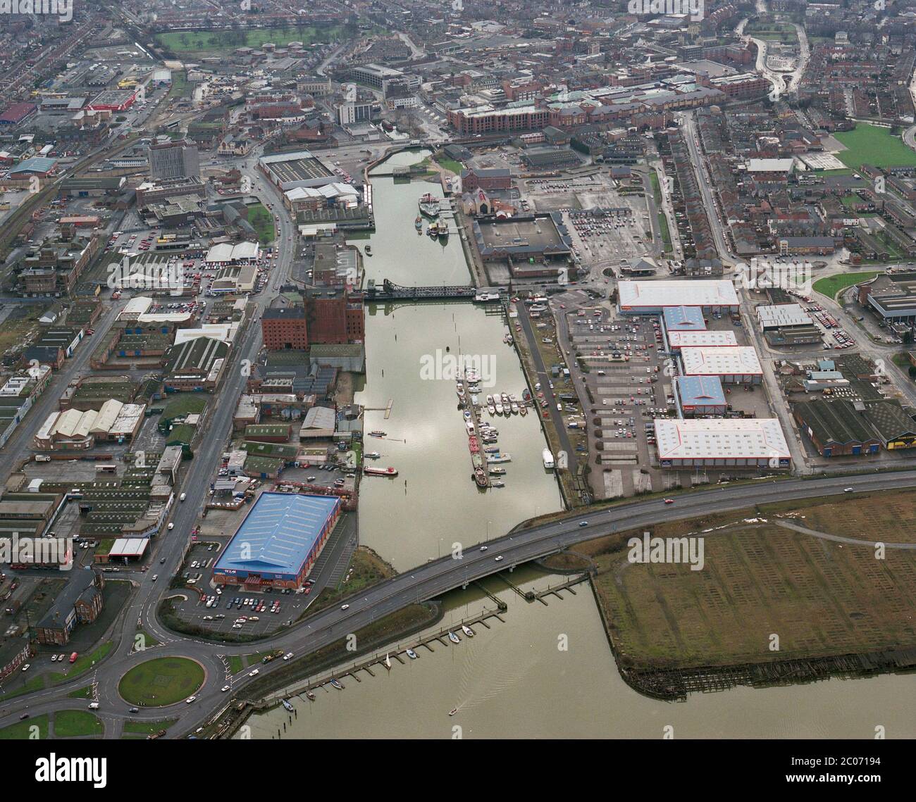 1995, an aerial view of Grimsby docks, prior to re-development, Humberside, Eastern England, UK Stock Photo