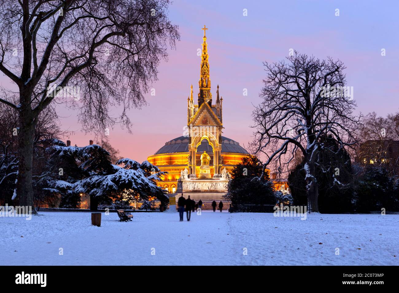 Royal Albert Hall and Albert Memorial in snow from Kensington Gardens, London, England, UK Stock Photo