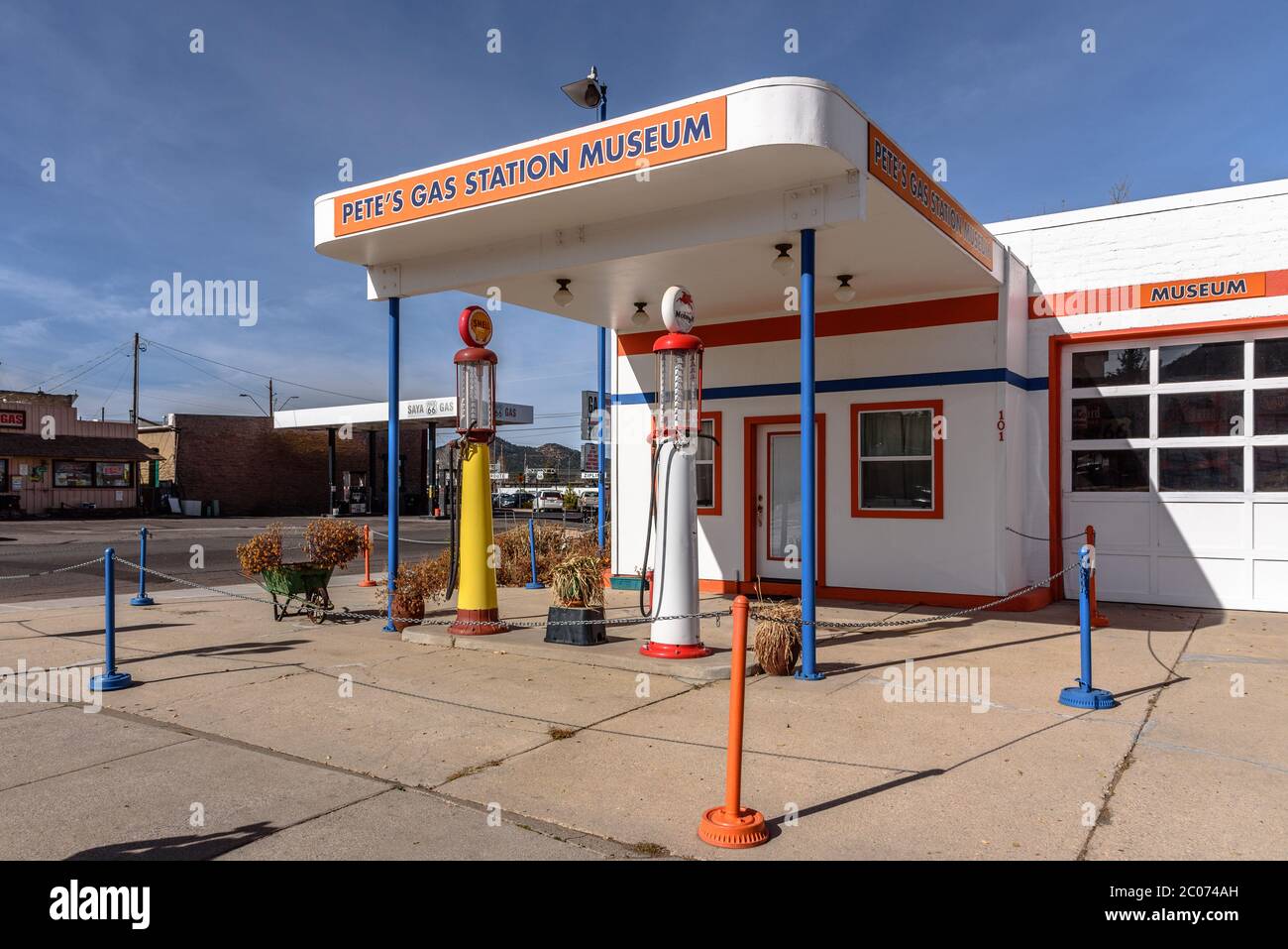 Old gas pumps in front of Pete's Gas Station Museum in Williams