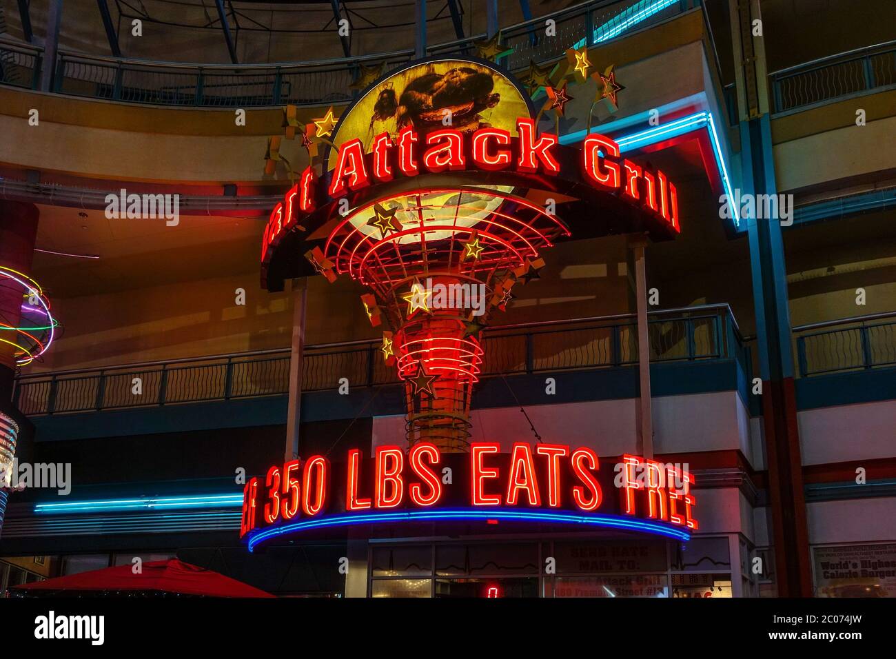 The neon sign for the Heart Attack Grill on Fremont Street in Las Vegas Stock Photo