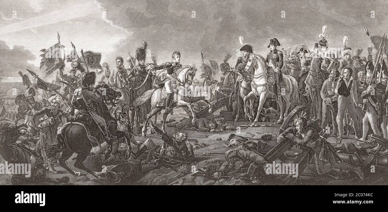 Napoleon at the Battle of Austerlitz, December 2, 1805.  Engraving by an unknown artist after a work by François Gérard. Stock Photo