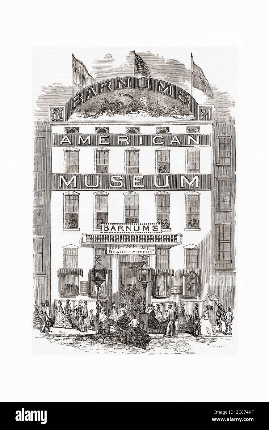 Barnum’s new American Museum on Broadway, New York, USA.  After an engraving in Frank Leslie's illustrated newspaper,  September 30, 1865.  P. T. Barnum - he of Barnum & Bailey circus fame - opened his original American Museum in 1841.  It burned down in 1865.   Later that same year he opened the new American Museum, pictured here.  In 1868 it also burned down. Stock Photo