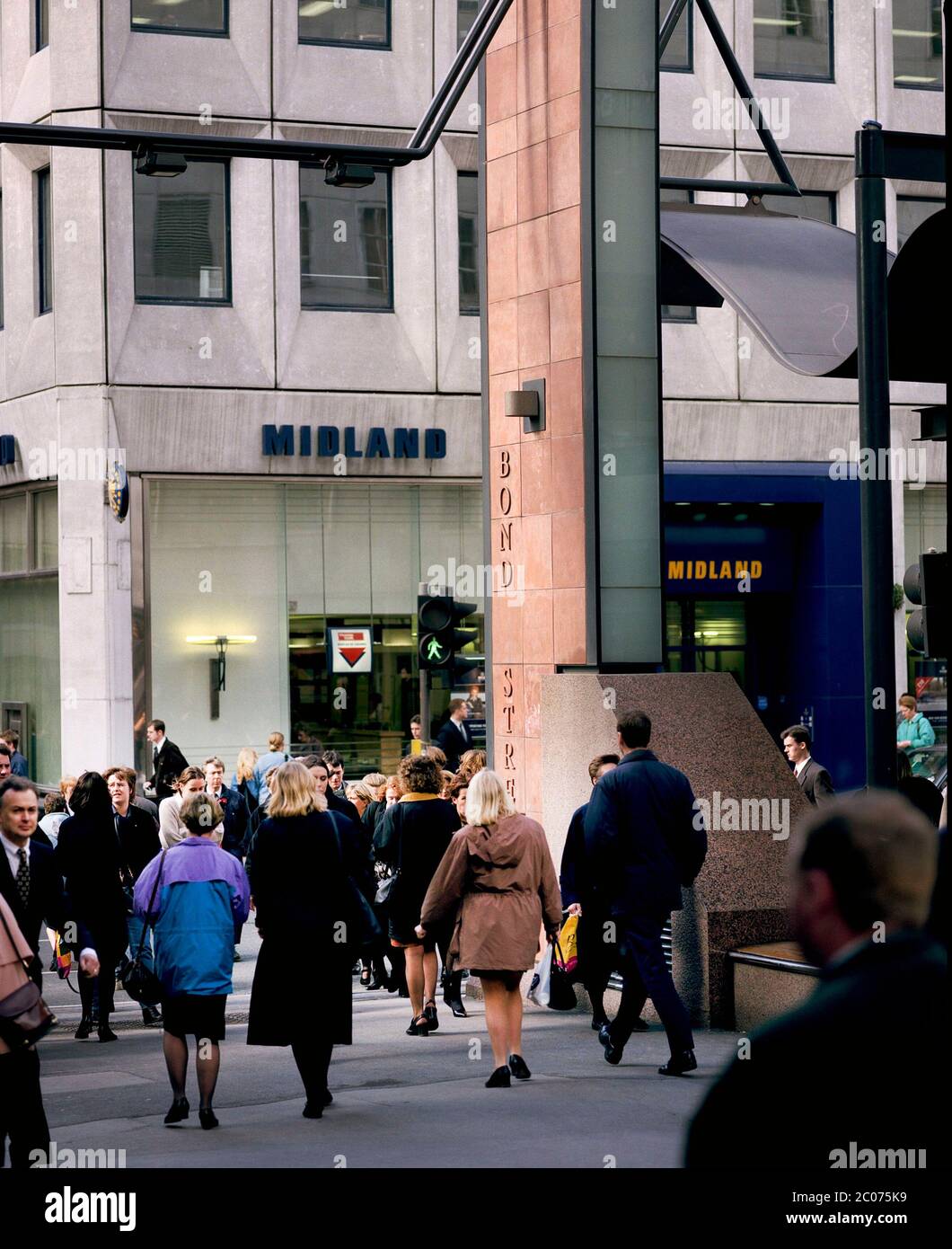 Leeds city centre banking area busy with office workers, in 1996. West