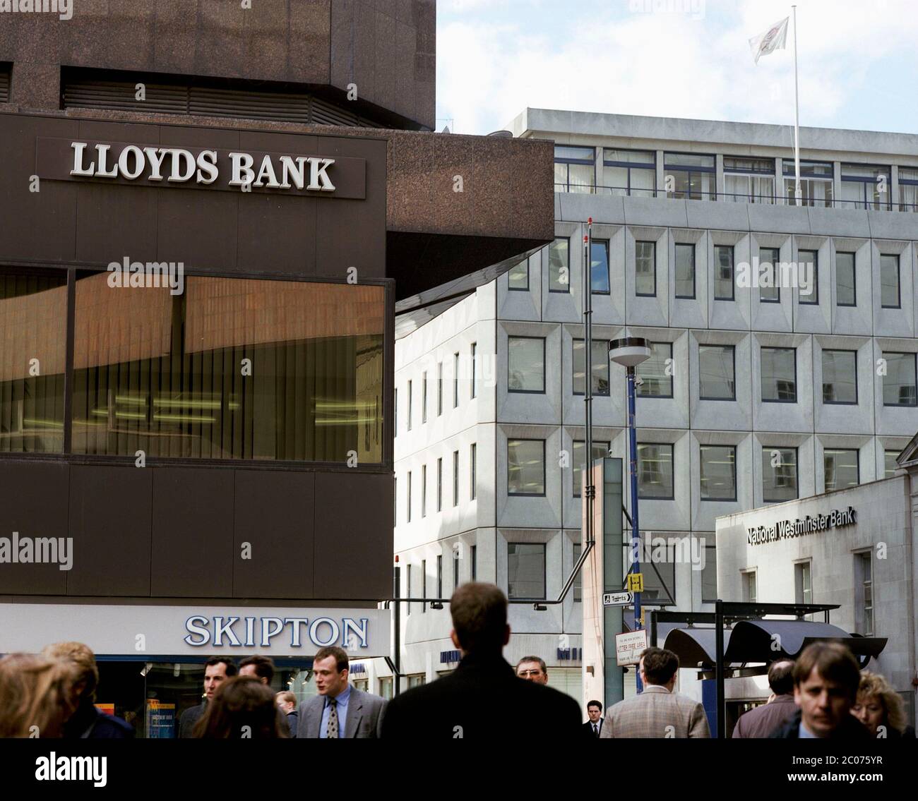 Leeds city centre banking area busy with office workers, in 1996. West