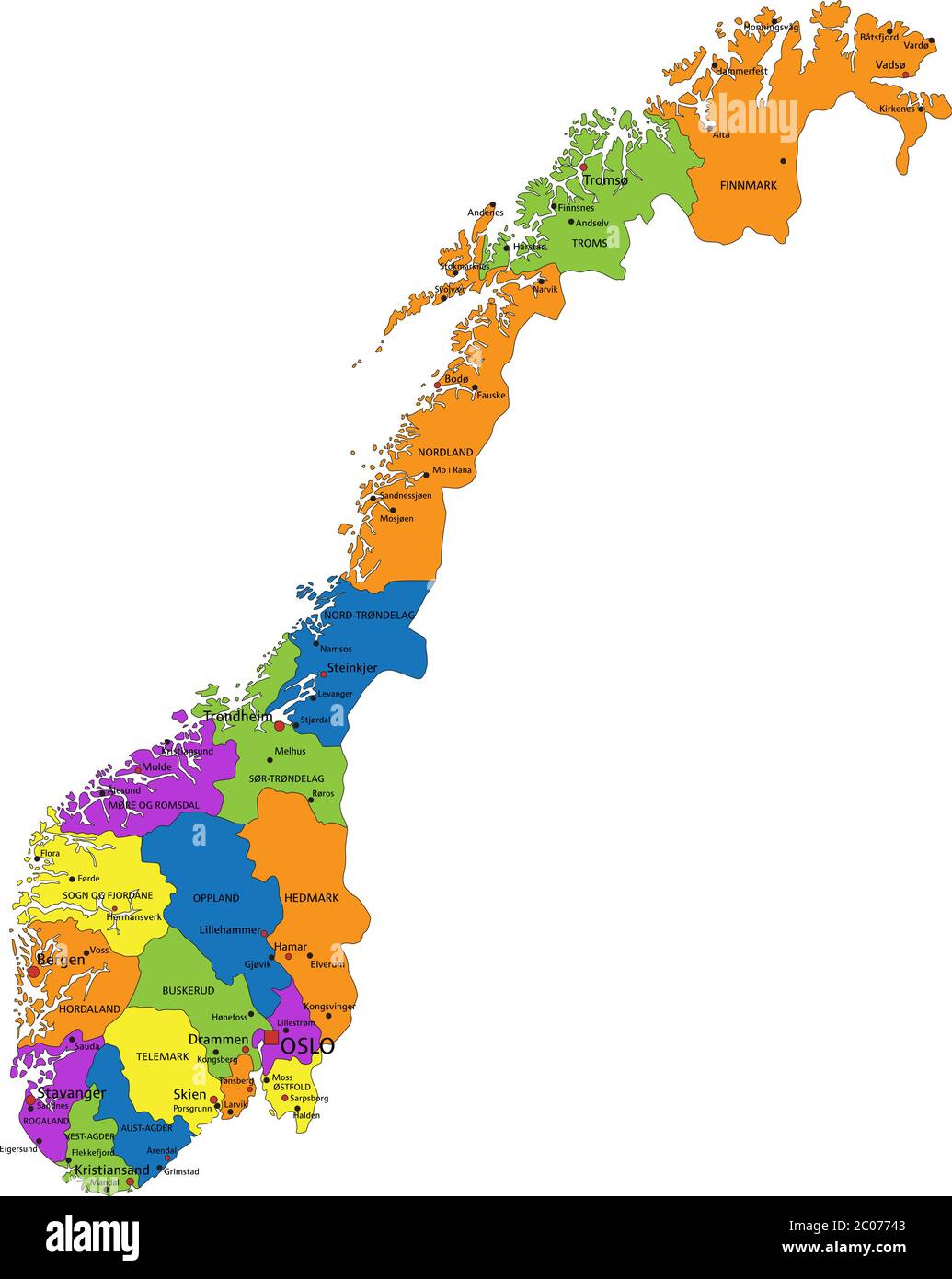Colorful Norway political map with clearly labeled, separated
