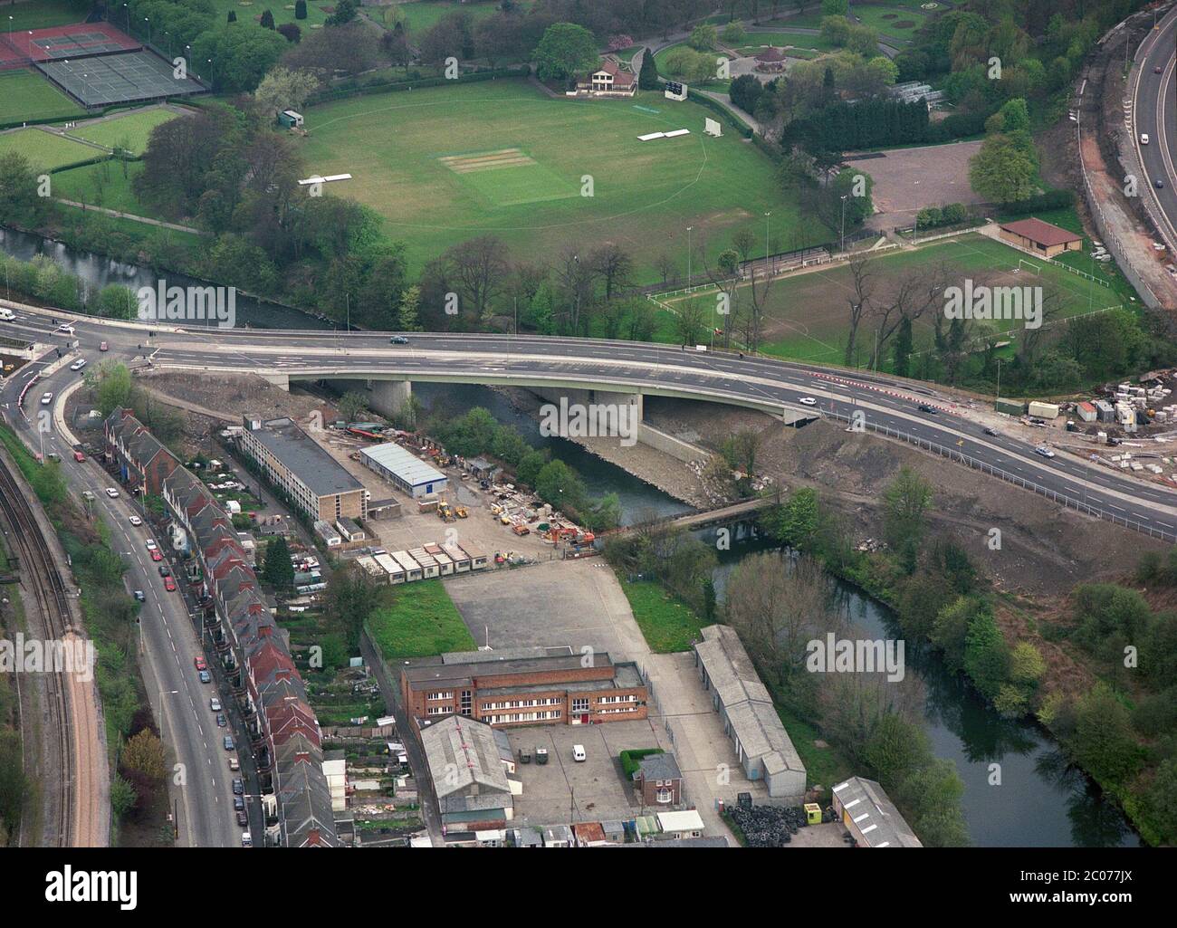 1996, aerial views of the construction of the Pontypridd Bypass, South Wales valleys, UK Stock Photo