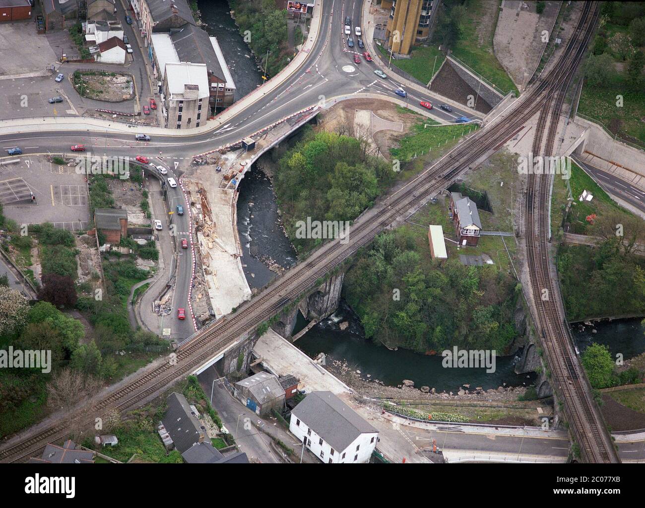 1996, aerial views of the construction of the Pontypridd Bypass, South Wales valleys, UK Stock Photo