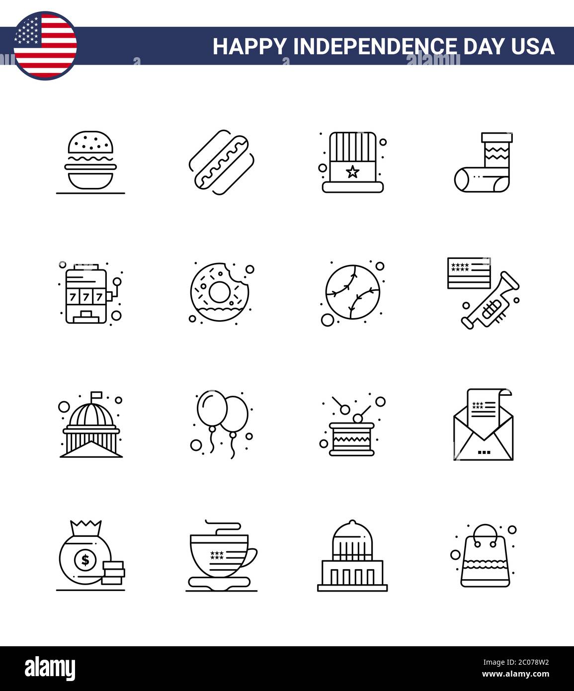 Group of 16 Lines Set for Independence day of United States of America such as machine; gift; american; festivity; celebration Editable USA Day Vector Stock Vector