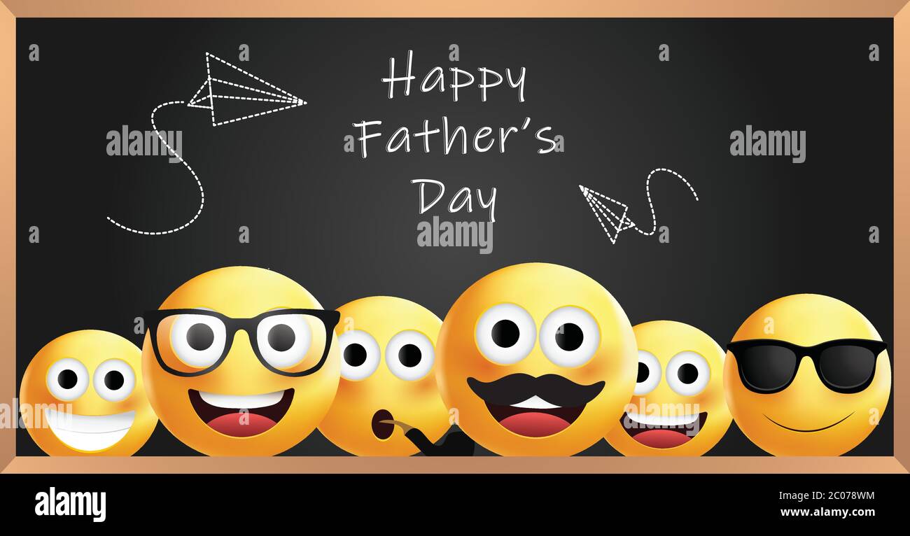 Happy father's day typography background with yellow faces.Happy father's day emoji or emoticon for greeting card or poster.Smiley background. Stock Vector