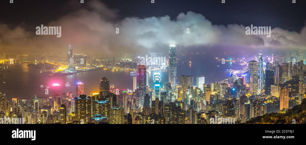 Panorama of Hong Kong business district in a summer night Stock Photo ...