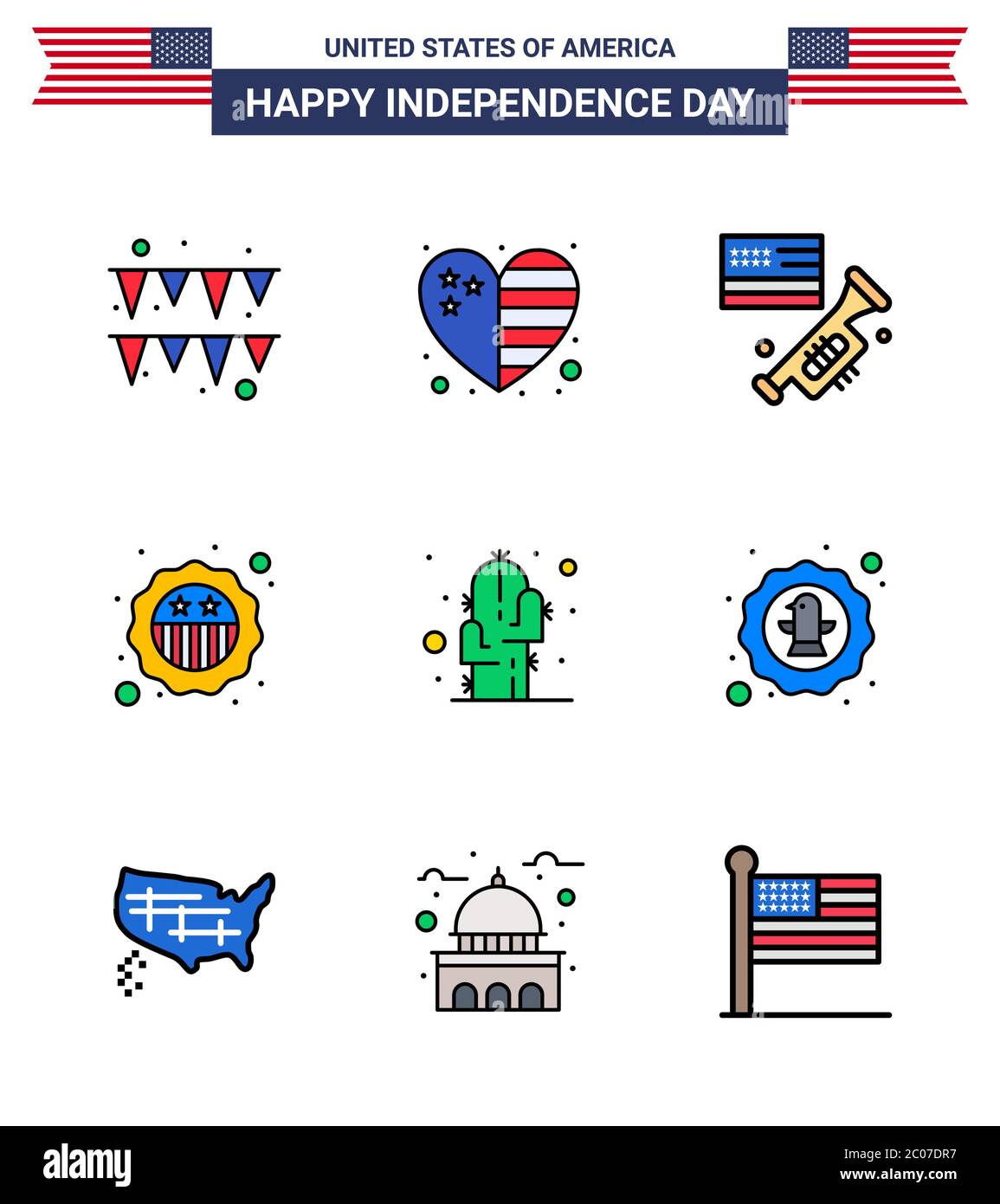 4th July USA Happy Independence Day Icon Symbols Group of 9 Modern Flat Filled Lines of plant; cactus; speaker; flag; security Editable USA Day Vector Stock Vector