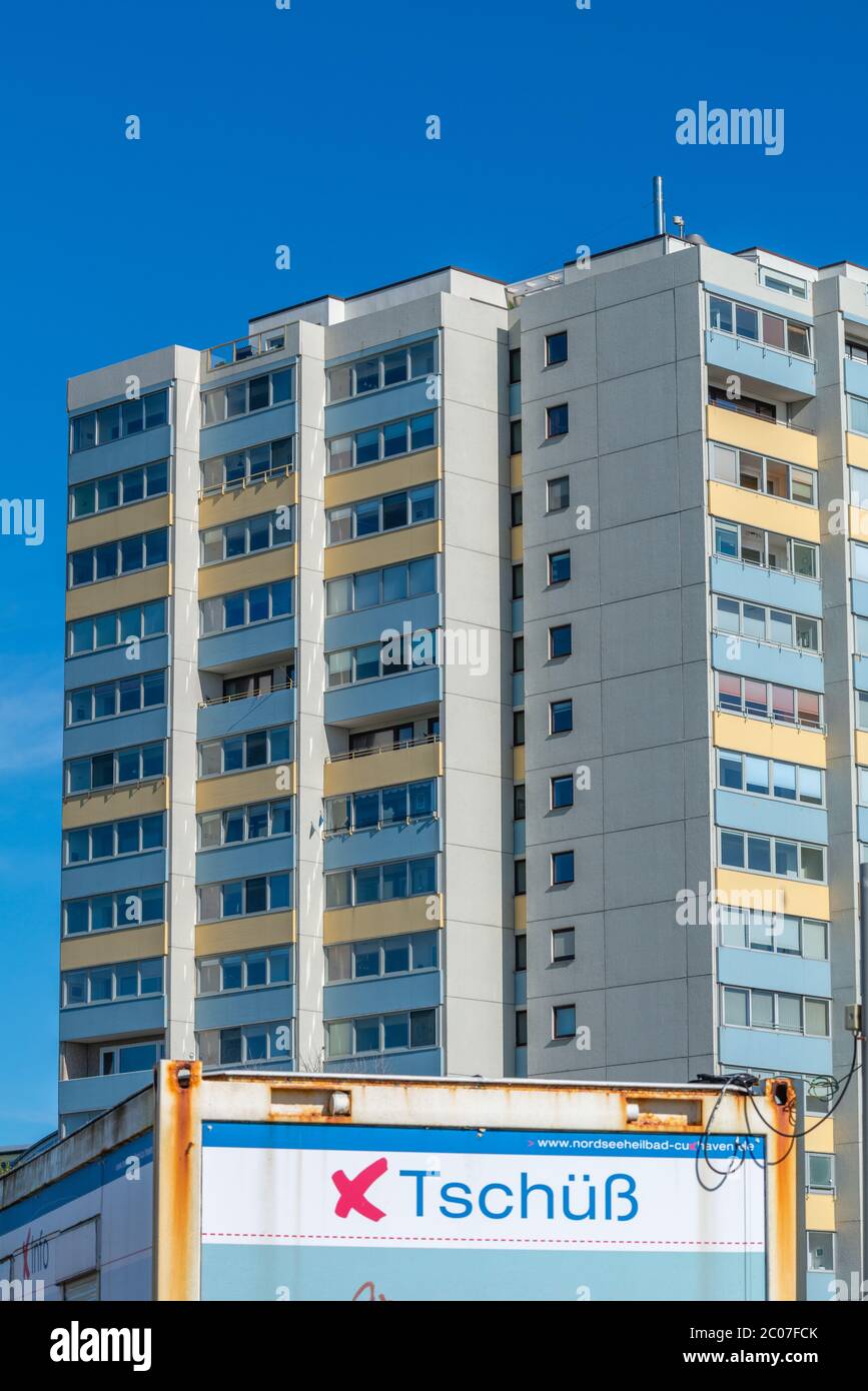 Apartment tower in Cuxhaven-Sahlenburg, touristic hot spot, inscription saying 'bye', Lower Saxony, North Germany Stock Photo