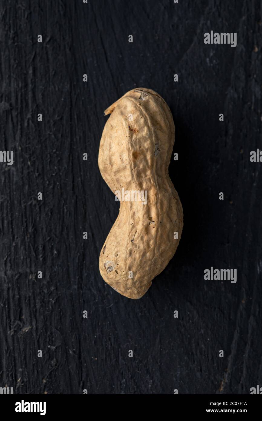 Close Up of a Peanut on Black Wooden Surface Stock Photo