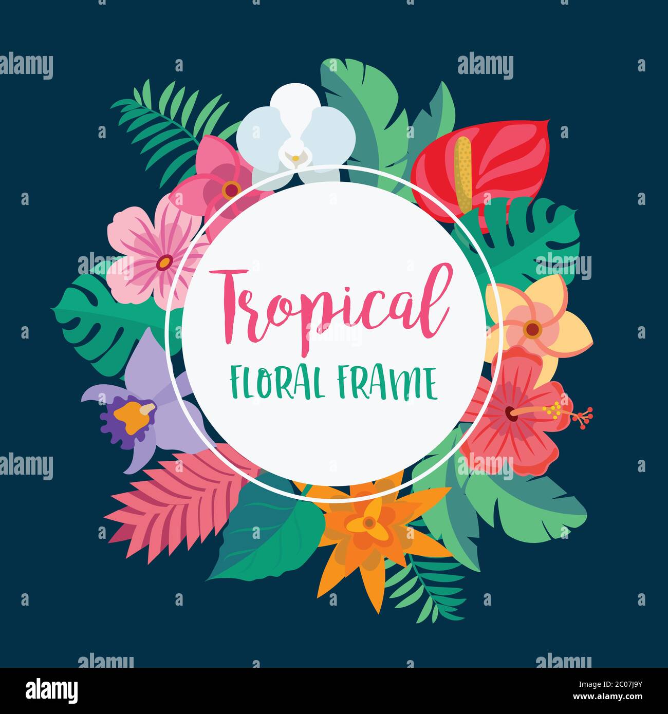 Tropical floral frame with flowers and leaves - vector illustration ...