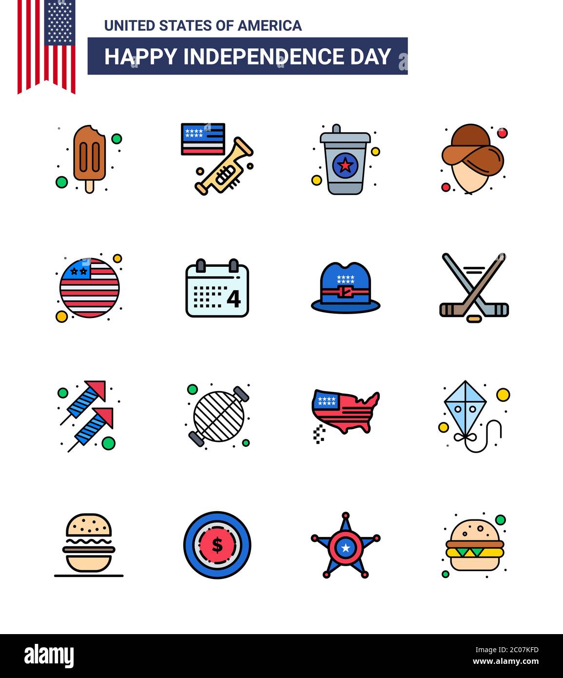 Pack of 16 USA Independence Day Celebration Flat Filled Lines Signs and 4th July Symbols such as day; international flag; drink; flag; hat Editable US Stock Vector