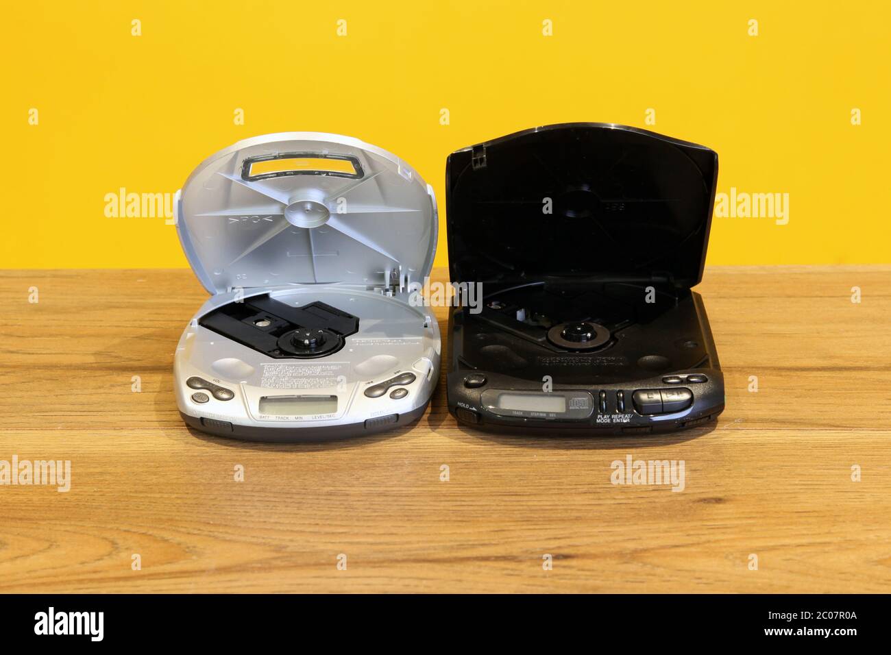 Two SONY Discman D130 and D191 portable compact disc players 1990s with open lids Stock Photo