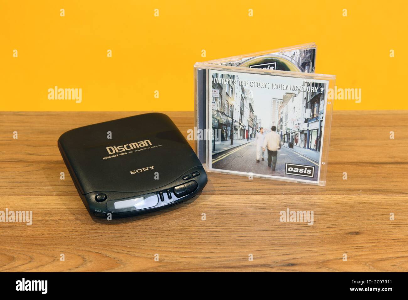 OASIS What's the Story Morning Glory 1995 CD album with a SONY Discman compact disc player Stock Photo