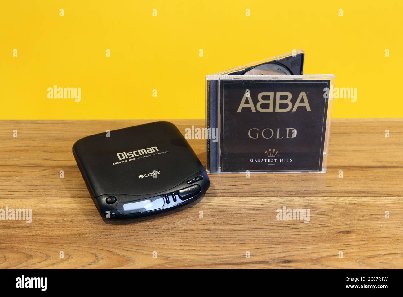 ABBA Gold CD album next to a SONY Discman compact disc player Stock Photo