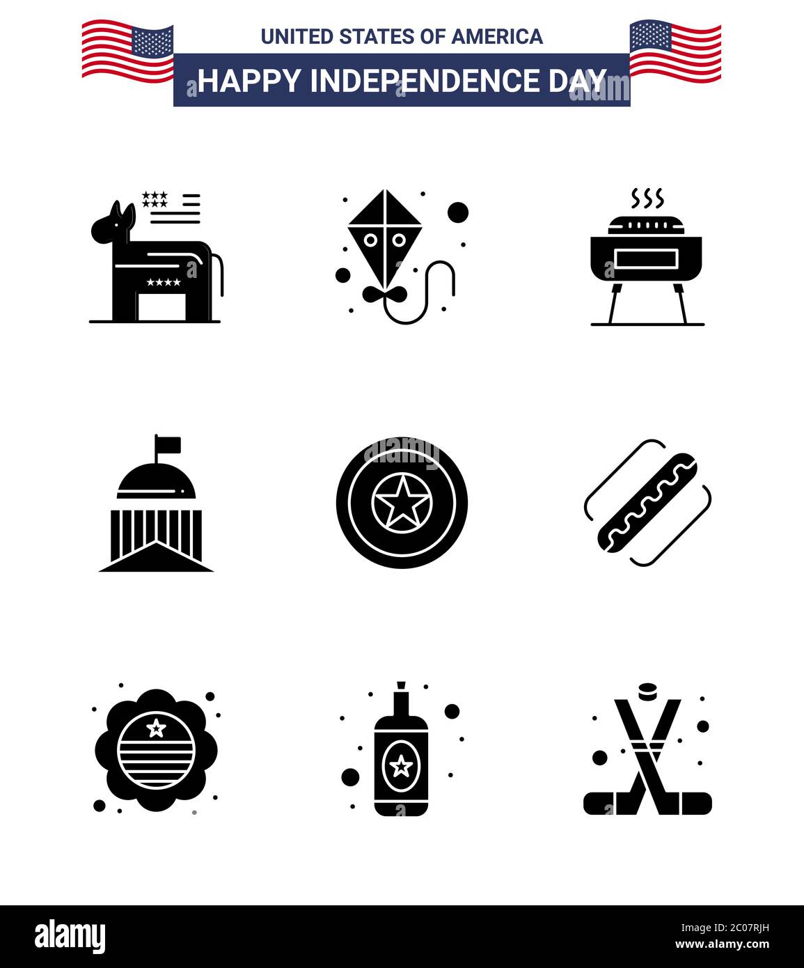 Happy Independence Day 4th July Set of 9 Solid Glyphs American Pictograph of independece; irish; celebration; ireland; flag Editable USA Day Vector De Stock Vector