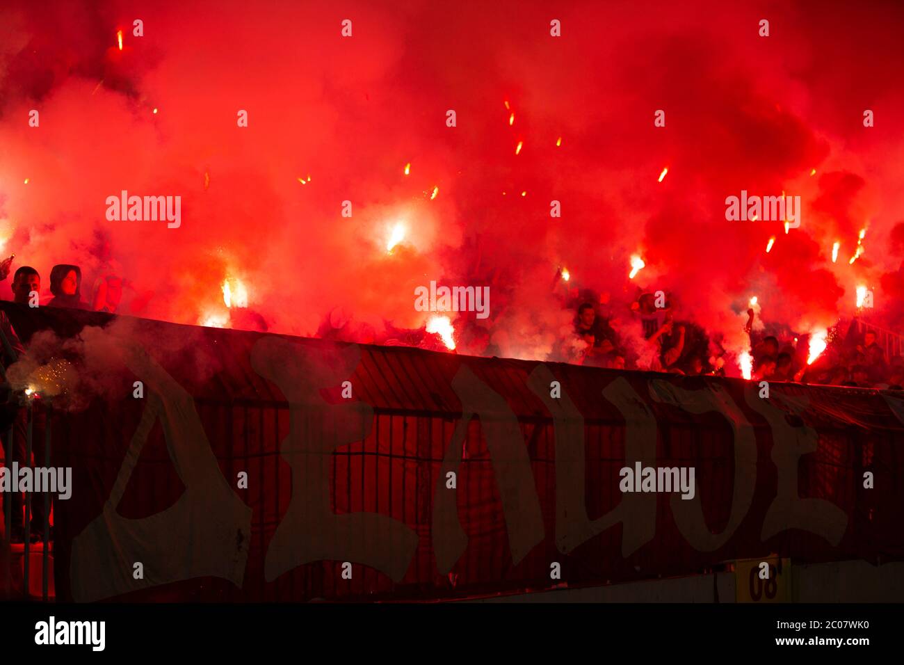 Belgrade, Serbia. 10th June, 2020.  The fans of Red star Belgrade light flares. Credit: Nikola Krstic/Alamy Live News Stock Photo