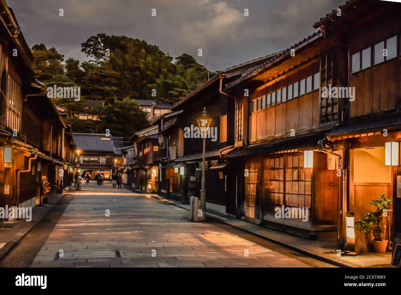 Traditional geisha quarter with old wooden houses in Kanazawa Japan during twilight Stock Photo