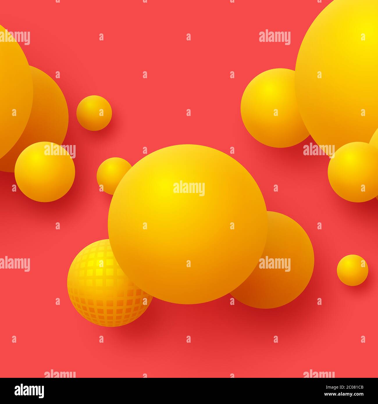 Abstract floating spheres background. 3d yellow balls on the red ...