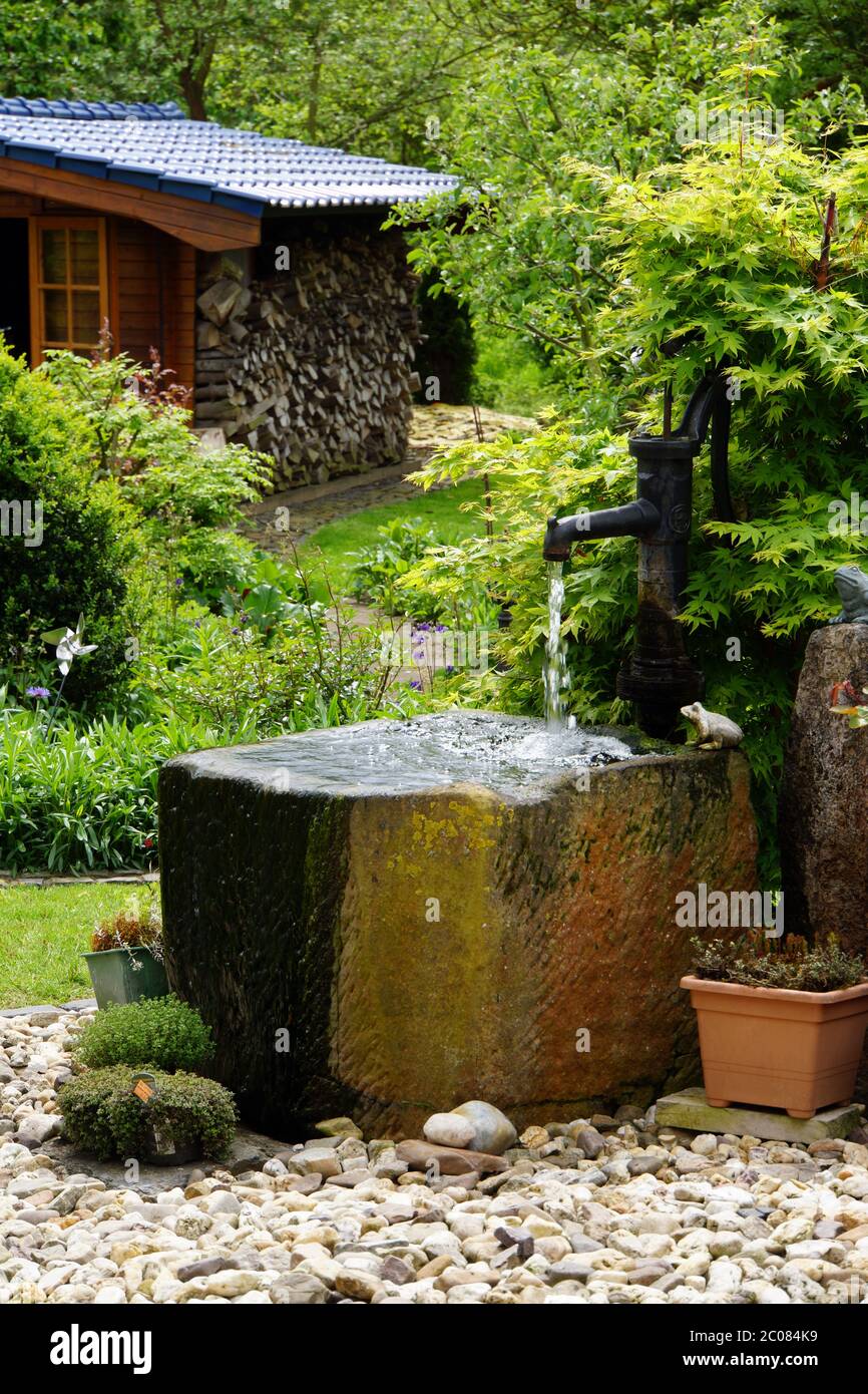 https://c8.alamy.com/comp/2C084K9/water-trough-with-schwengelpumpe-in-the-garden-2C084K9.jpg