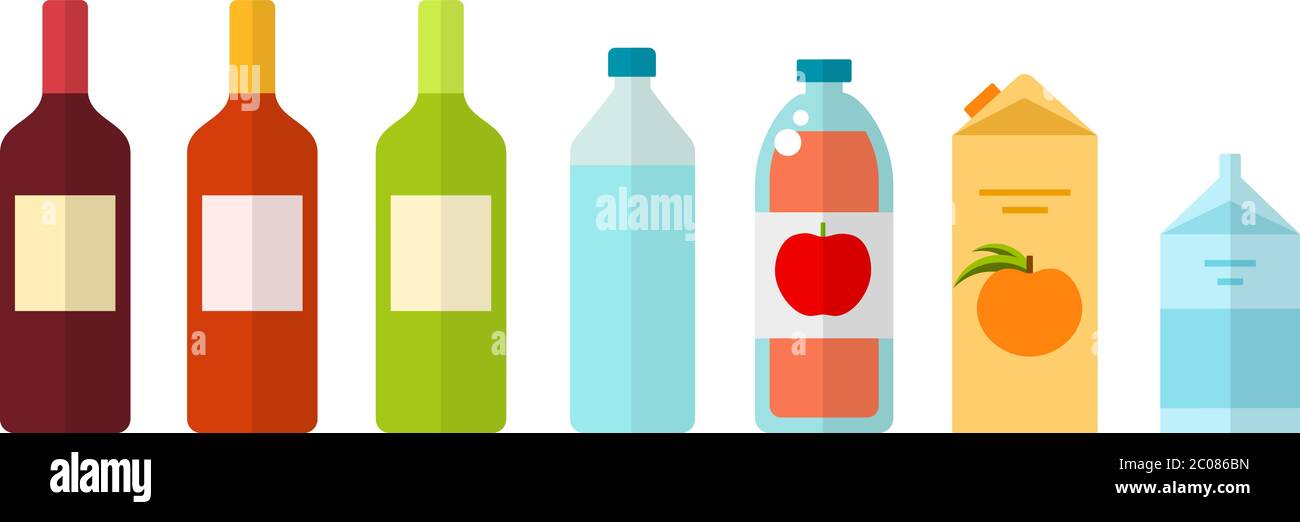 Drinks in glass, plastic and paper packaging vector flat isolated Stock Vector