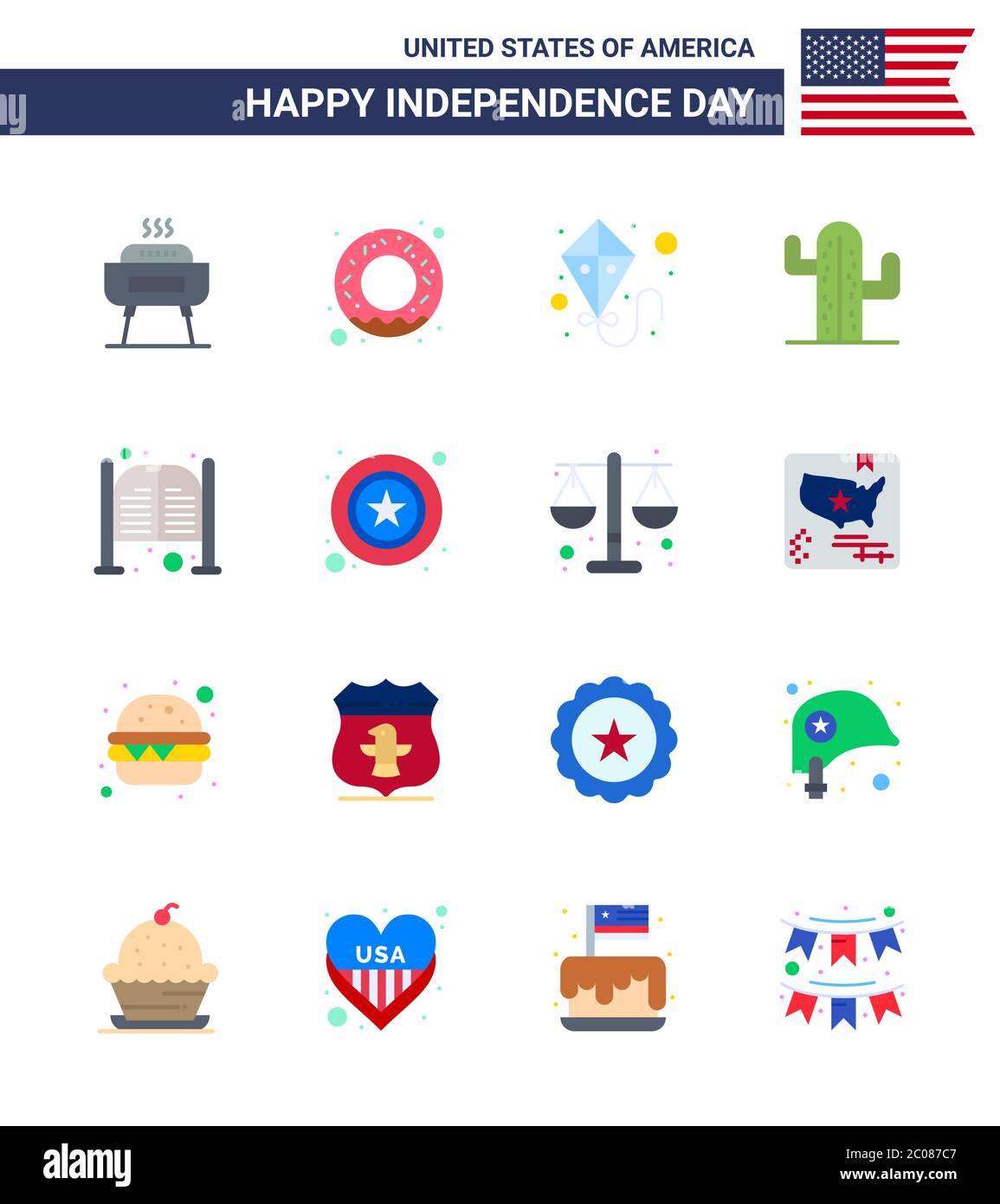 16 USA Flat Signs Independence Day Celebration Symbols of day; doors; summer; bar; plent Editable USA Day Vector Design Elements Stock Vector
