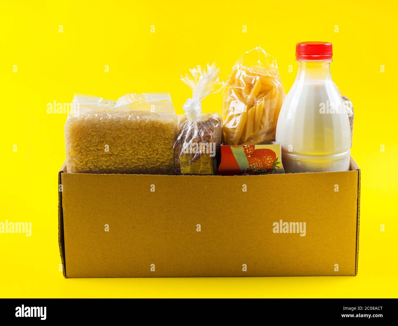 Food staples delivery or donation box concept Stock Photo Alamy