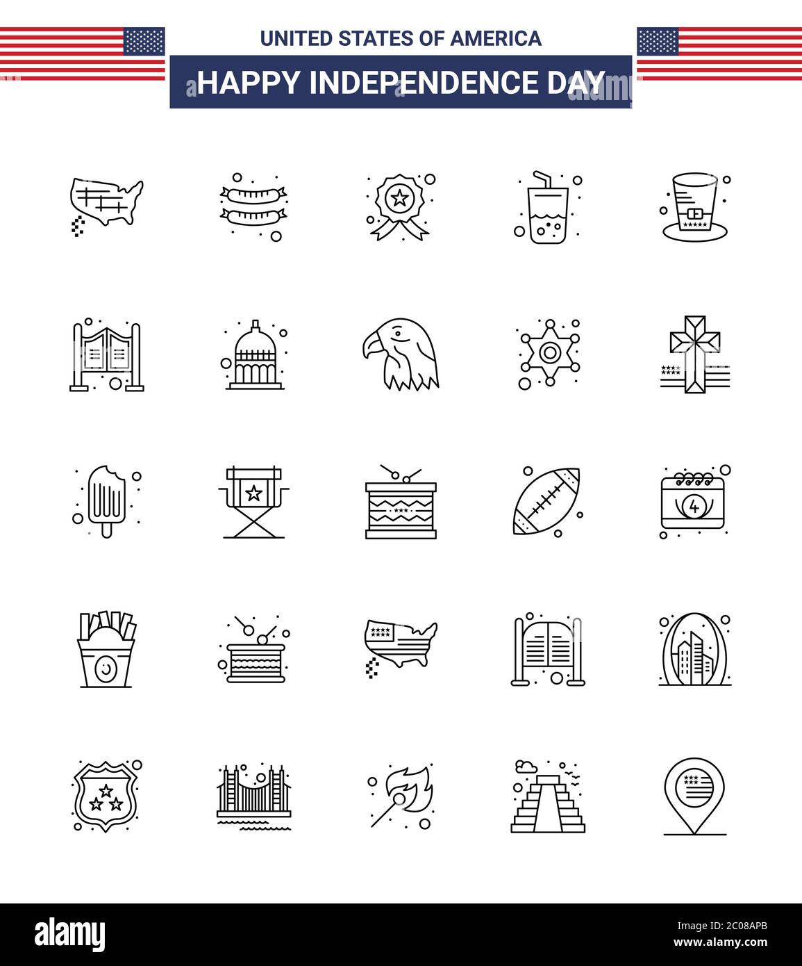 USA Happy Independence DayPictogram Set of 25 Simple Lines of presidents; day; investigating; cola; drink Editable USA Day Vector Design Elements Stock Vector