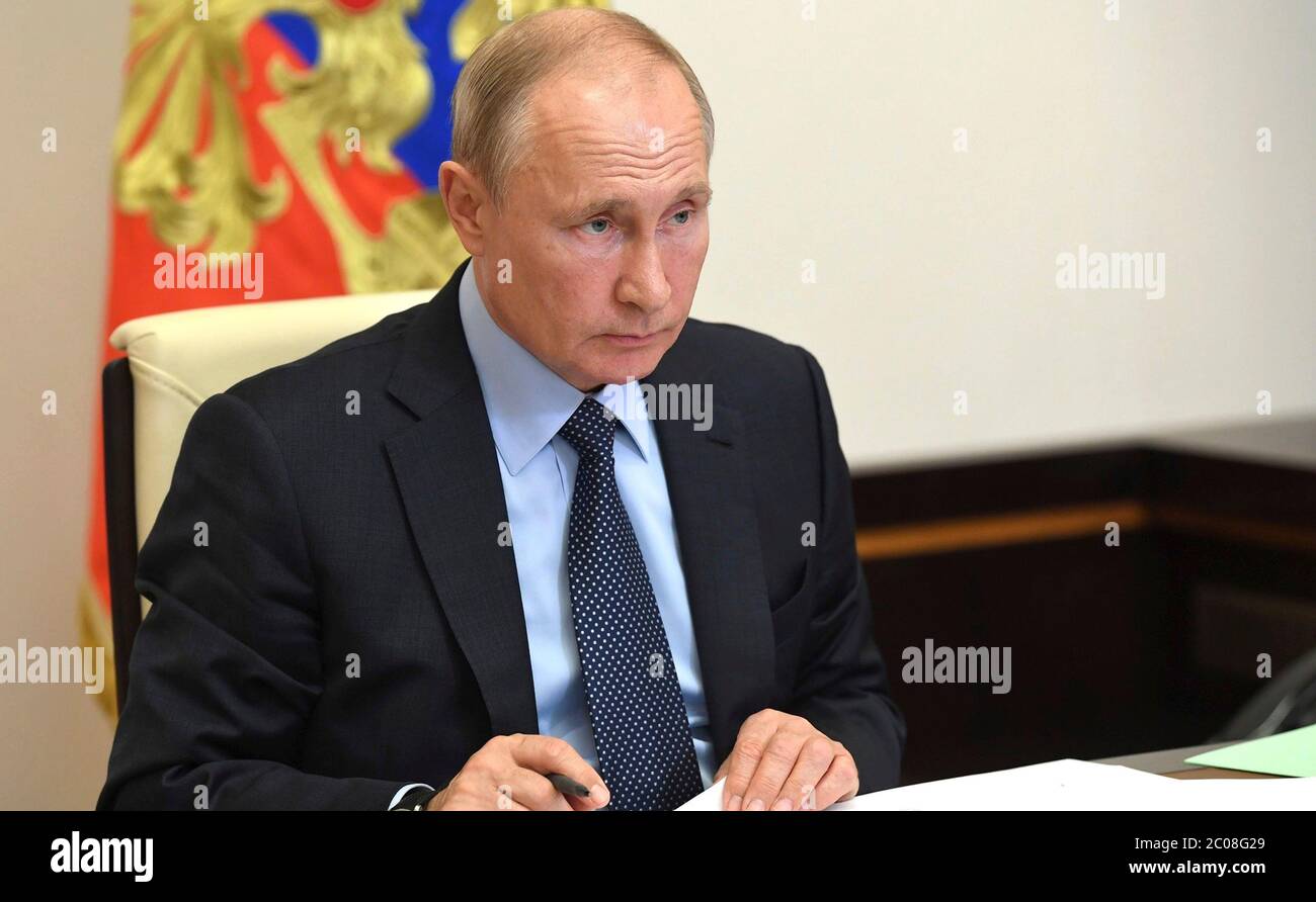 Russian President Vladimir Putin, holds a meeting via video conference with Head of the Republic of Karelia Artur Parfenchikov from his office at the Novo-Ogaryovo state residence June 8, 2020 outside Moscow, Russia. Stock Photo
