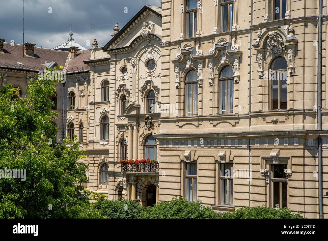 Detail of the back front of City Hall of Gyor. Hungary. The eclectic style building was completed in 1900. Stock Photo