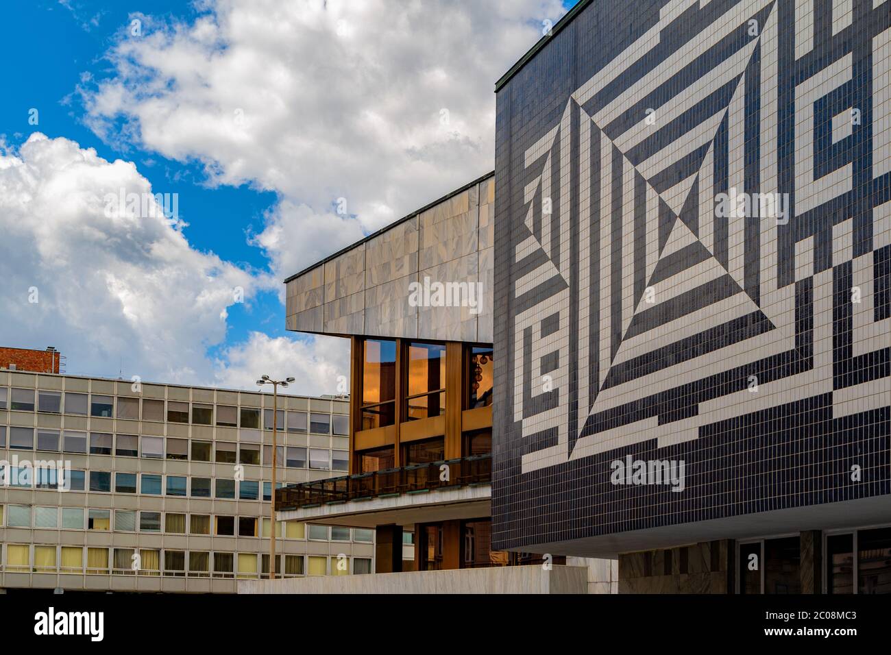 Detail of the National Theatre building of Gyor,the modern piece of architecture, decorated by such renowned artist as Victor Vasarely. Stock Photo