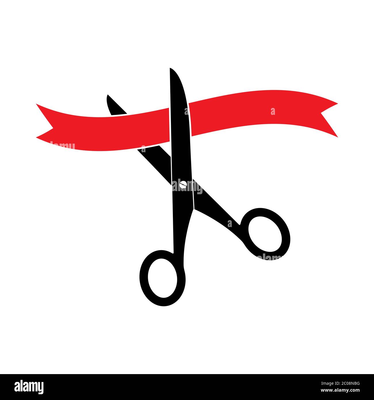 Vector illustration. Scissors and red tape isolated on white background, simple flat design Stock Vector