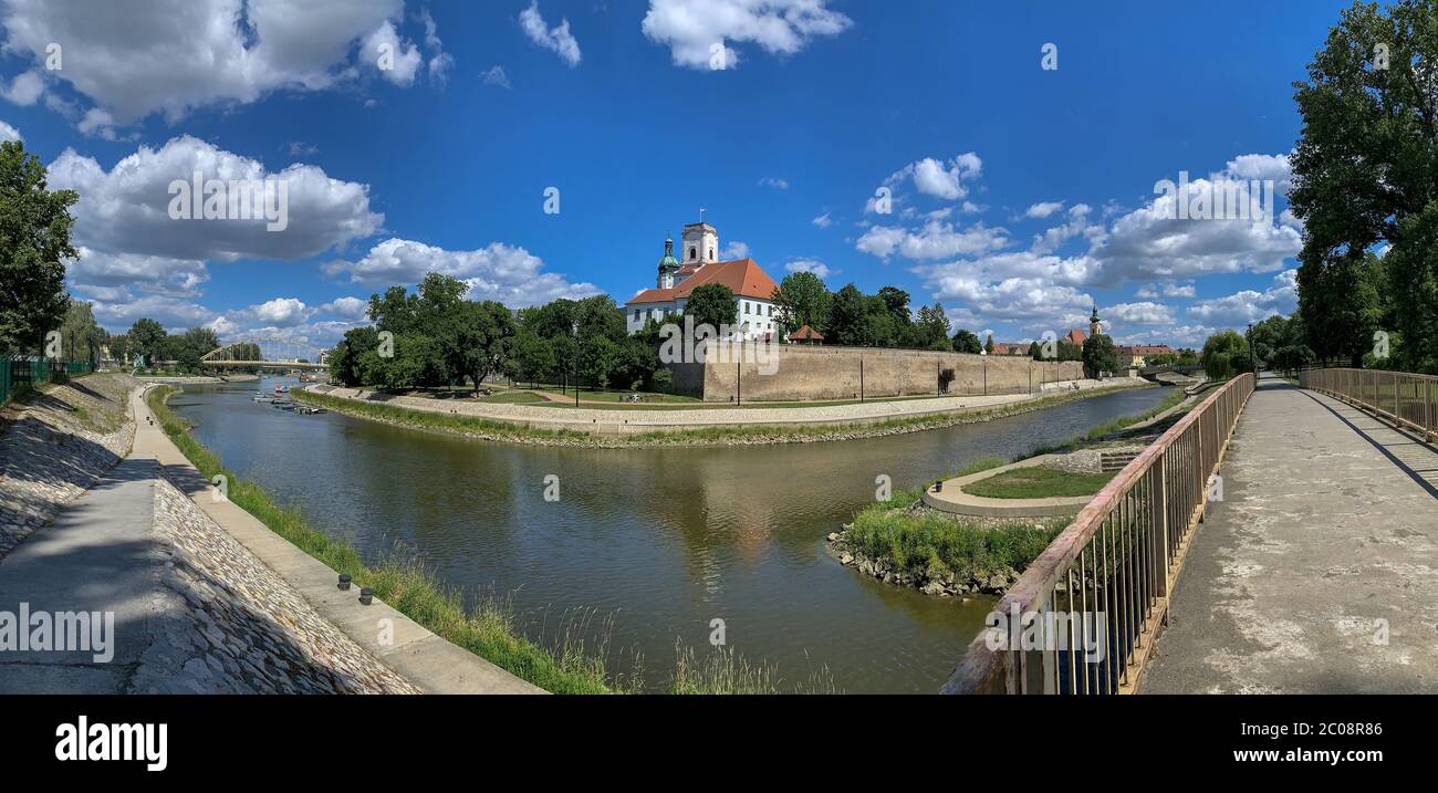 Panoramic view of Gyor downtown with the Bishops Castle and Cathedral tower by the Raba River.Hungary. Stock Photo