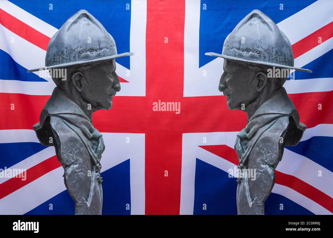Sculpture of Robert Baden Powell overplayed on UK Union Jack flag. Stock Photo
